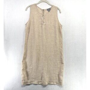 Kenar Dress Women 6 Beige Sleeveless 100% Linen Button Shift Casual Lagenlook